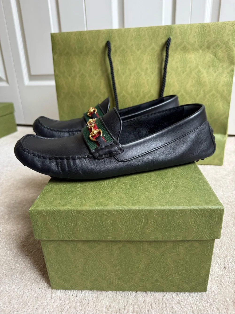 Gucci Black Leather Loafers with Green-Red Web & Gold Horsebit
